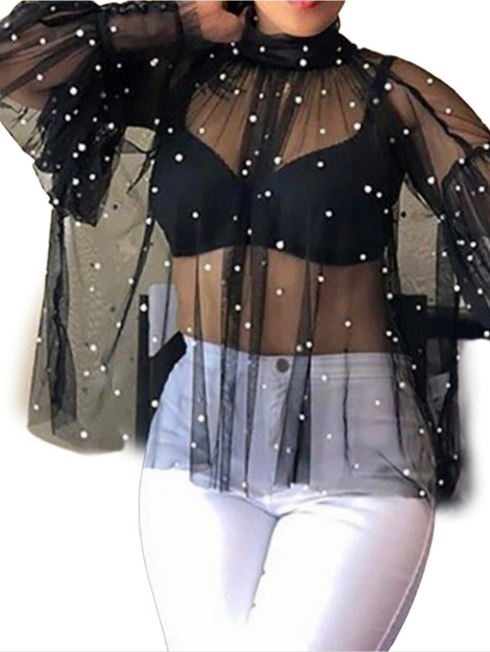Frank Lyman Black Sheer Tulle Mesh Pearl-Embellished Long Puff Sleeve Top XL